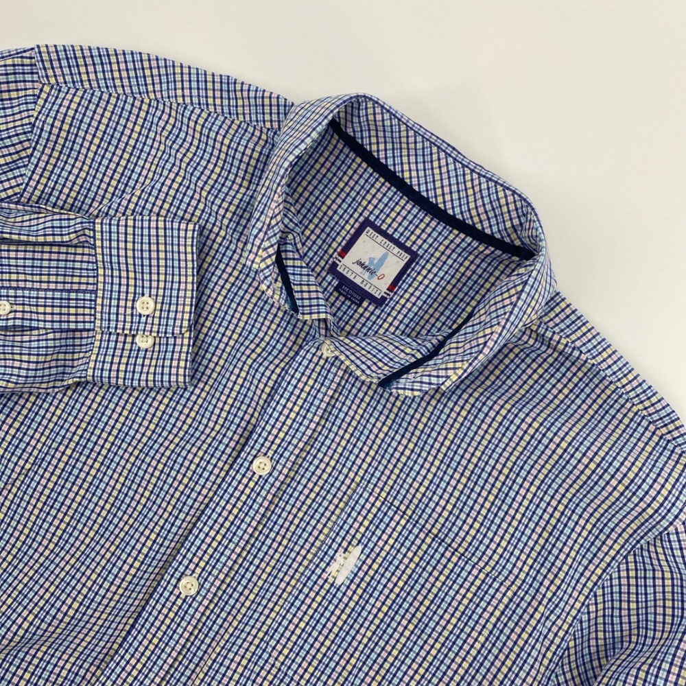 Johnnie O Shirt Men Medium Blue Nautical Plaid West Coast Prep Surf Santa Monica